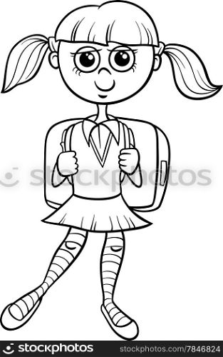 Black and White Cartoon Illustration of Elementary School Student Girl with Satchel for Coloring Book