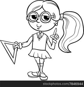 Black and White Cartoon Illustration of Elementary School Student Girl with Setsquare for Coloring Book