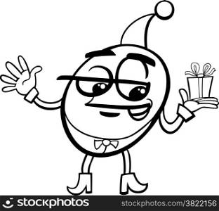 Black and White Cartoon Illustration of Elf or Gnome with Christmas or Birthday Present for Coloring Book