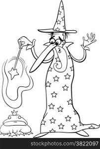 Black and White Cartoon illustration of Fantasy Wizard with Magic Wand Casting a Spell and Enchanted Frog for Coloring Book