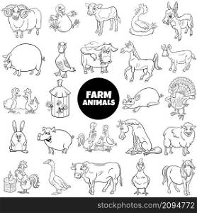 Black and white cartoon illustration of farm animal characters big set coloring book page