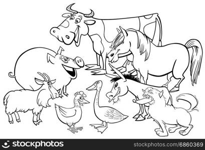 Black and White Cartoon Illustration of Farm Animal Characters Group Coloring Book