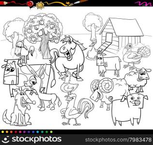 Black and White Cartoon Illustration of Farm Animal Characters Group for Coloring Book