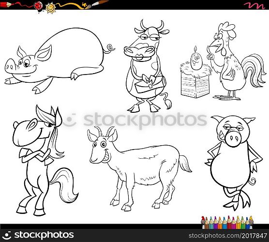 Black and white cartoon illustration of farm animal characters set coloring book page
