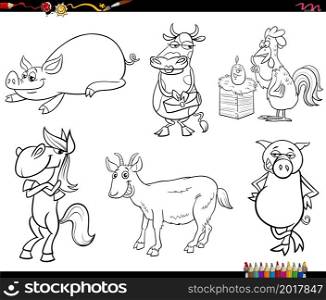 Black and white cartoon illustration of farm animal characters set coloring book page