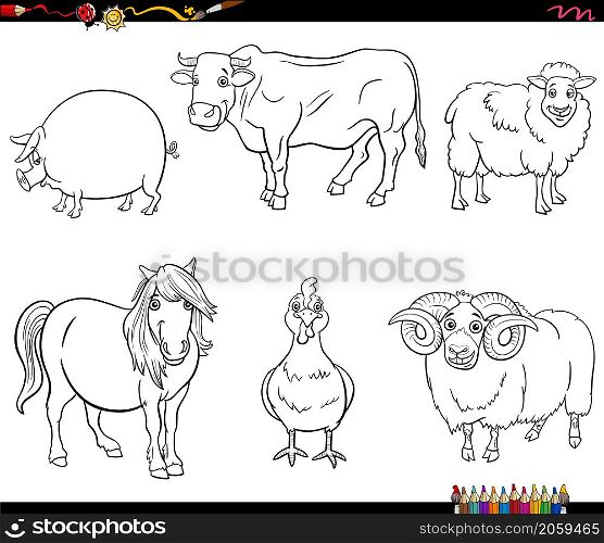 Black and white cartoon illustration of farm animal comic characters set coloring book page