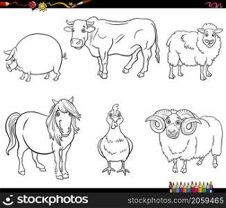 Black and white cartoon illustration of farm animal comic characters set coloring book page