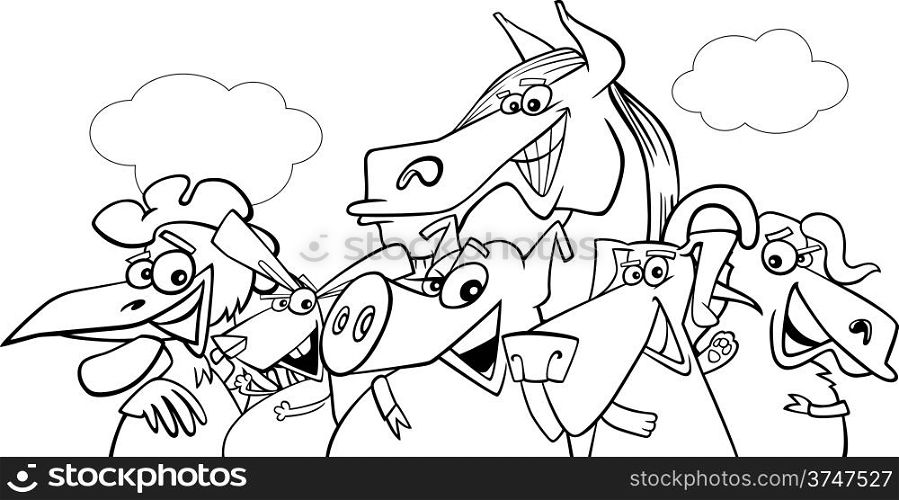 Black and White Cartoon Illustration of Farm Animals Livestock Characters Group for Coloring Book