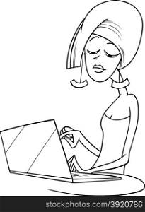 Black and White Cartoon Illustration of Fashionable Woman with Notebook