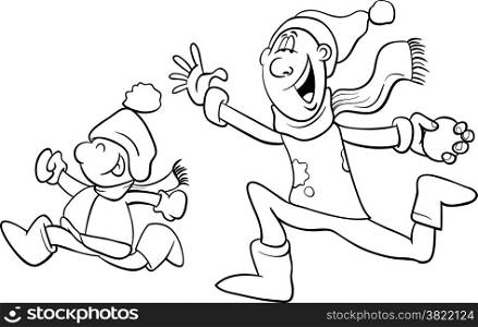 Black and White Cartoon Illustration of Father and Little Son Throwing Snowballs and Having Fun on Winter Time for Coloring Book