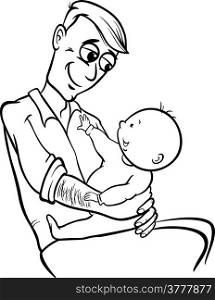 Black and White Cartoon Illustration of Father with his Cute Baby for Coloring Book