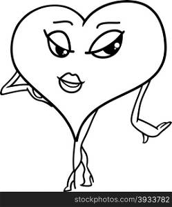 Black and White Cartoon Illustration of Female Heart Character on Valentine Day