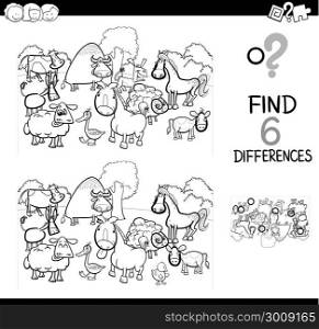 Black and White Cartoon Illustration of Find and Spot Six Differences Between Pictures Educational Activity Game for Kids with Farm Animal Characters Group Coloring Book