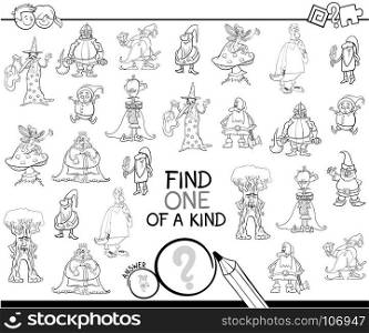 Black and White Cartoon Illustration of Find One of a Kind Educational Activity Game for Children with Fantasy Characters Coloring Book