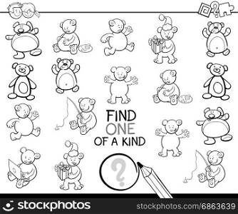 Black and White Cartoon Illustration of Find One of a Kind Educational Activity for Children with Teddy Bear Characters Coloring Page