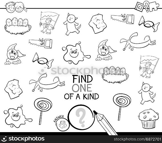 Black and White Cartoon Illustration of Find One of a Kind Educational Activity for Children with Funny Pictures Coloring Page