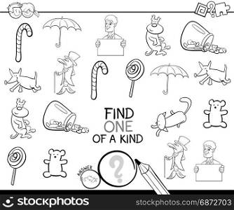 Black and White Cartoon Illustration of Find One of a Kind Educational Activity Game for Children with Funny Pictures Coloring Page