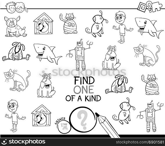 Black and White Cartoon Illustration of Find One of a Kind Educational Activity Game for Children with Funny Characters Coloring Book