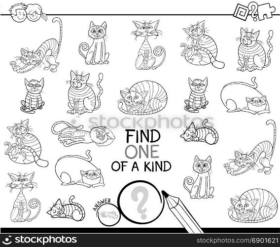 Black and White Cartoon Illustration of Find One of a Kind Educational Activity Game for Children with Funny Cat Characters Coloring Book