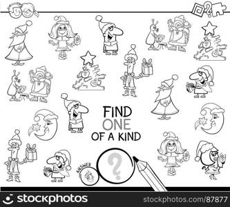 Black and White Cartoon Illustration of Find One of a Kind Educational Activity Game for Children with Christmas Characters and Objects Coloring Book