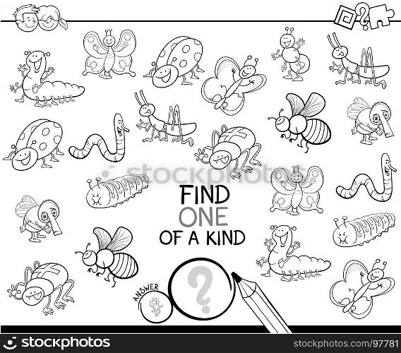 Black and White Cartoon Illustration of Find One of a Kind Educational Activity Game for Children with Insects Animal Characters Coloring Book