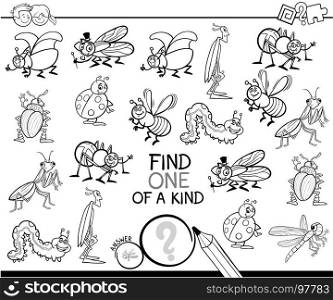 Black and White Cartoon Illustration of Find One of a Kind Educational Activity Game for Children with Insects Comic Characters Coloring Book