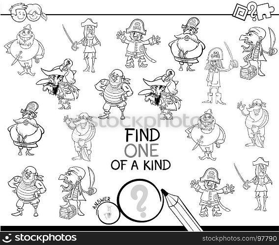 Black and White Cartoon Illustration of Find One of a Kind Educational Activity Game for Children with Pirates Comic Characters Coloring Book