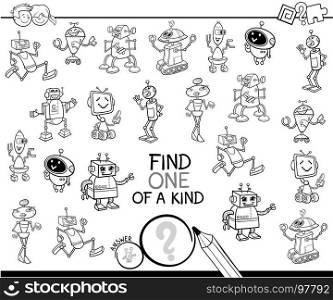 Black and White Cartoon Illustration of Find One of a Kind Educational Activity Game for Children with Robots Comic Characters Coloring Book