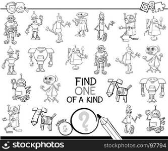 Black and White Cartoon Illustration of Find One of a Kind Educational Activity Game for Children with Robots Fantasy Characters Coloring Book