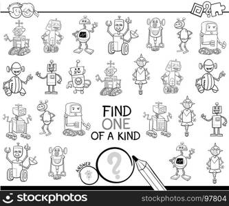 Black and White Cartoon Illustration of Find One of a Kind Educational Activity Game for Children with Robots Machines Characters Coloring Book