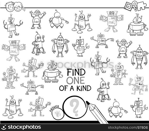 Black and White Cartoon Illustration of Find One of a Kind Educational Activity Game for Children with Robots Science Fiction Characters Coloring Book