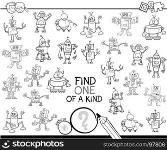 Black and White Cartoon Illustration of Find One of a Kind Educational Activity Game for Children with Robots Science Fiction Characters Coloring Book