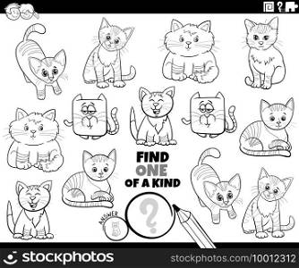 Black and white cartoon illustration of find one of a kind picture educational game with cute cats and kitten characters coloring book page