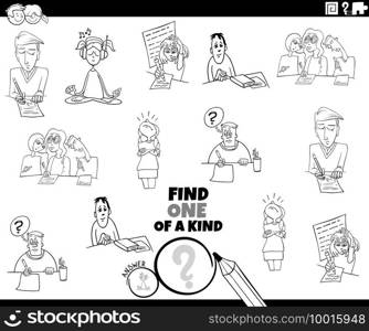 Black and white cartoon illustration of find one of a kind picture educational game with children and teens student characters coloring book page