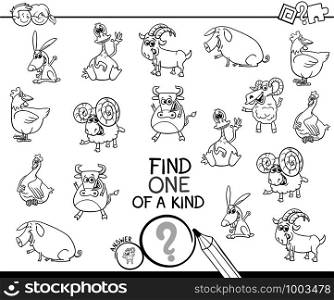 Black and White Cartoon Illustration of Find One of a Kind Picture Educational Activity Game for Children with Farm Animal Characters Coloring Book