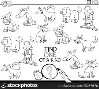 Black and White Cartoon Illustration of Find One of a Kind Picture Educational Activity Task for Children with Dogs Animal Characters Coloring Book Page