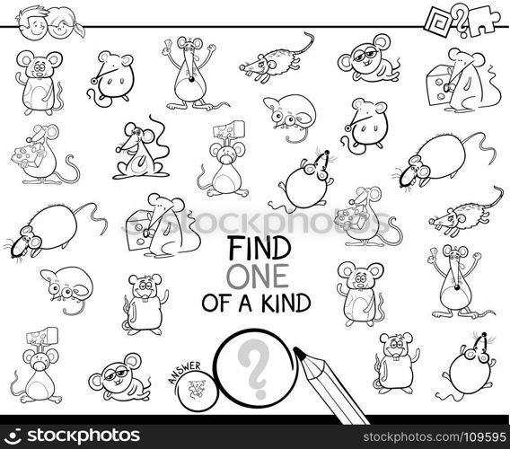 Black and White Cartoon Illustration of Find One of a Kind Picture Educational Activity Game for Children with Mouse Characters Coloring Book