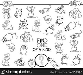 Black and White Cartoon Illustration of Find One of a Kind Picture Educational Activity Game for Children with Mouse Characters Coloring Book