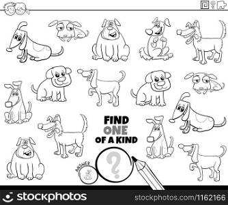 Black and White Cartoon Illustration of Find One of a Kind Picture Educational Game with Comic Dogs and Puppies Animal Characters Coloring Book Page