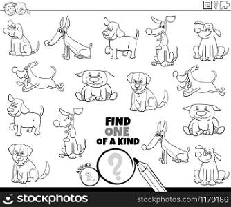 Black and White Cartoon Illustration of Find One of a Kind Picture Educational Game with Comic Dogs and Puppies Characters Coloring Book Page