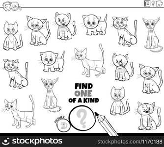 Black and White Cartoon Illustration of Find One of a Kind Picture Educational Game with Comic Cats and Kittens Characters Coloring Book Page