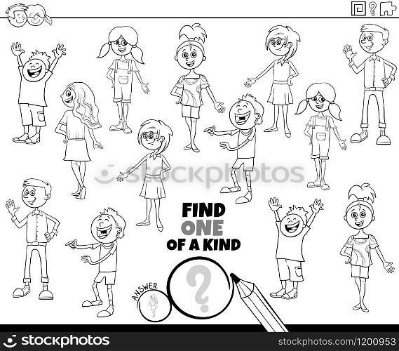 Black and White Cartoon Illustration of Find One of a Kind Picture Educational Game with Comic Children and Teenager Characters Coloring Book Page