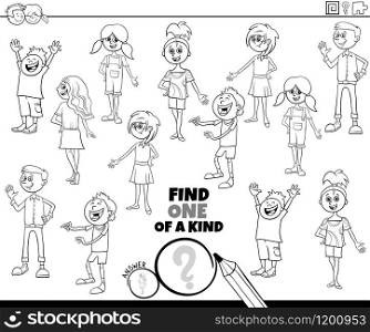 Black and White Cartoon Illustration of Find One of a Kind Picture Educational Game with Comic Children and Teenager Characters Coloring Book Page