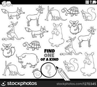 Black and White Cartoon Illustration of Find One of a Kind Picture Educational Game with Comic Wild Animal Characters Coloring Book Page