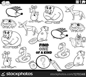 Black and White Cartoon Illustration of Find One of a Kind Picture Educational Game with Funny Wild Animal Characters Coloring Book Page