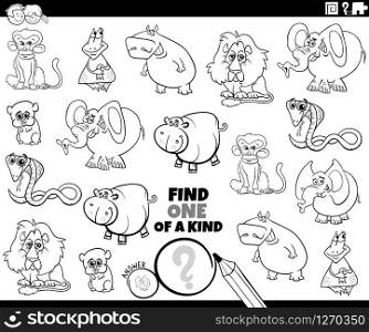Black and White Cartoon Illustration of Find One of a Kind Picture Educational Game with Happy Wild Animal Characters Coloring Book Page