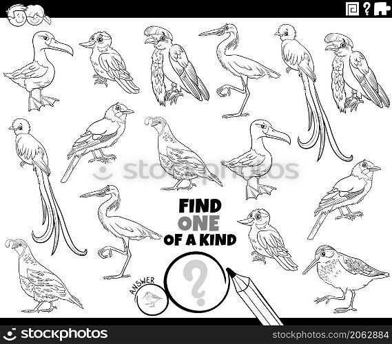 Black and white cartoon illustration of find one of a kind picture educational task with birds animal characters coloring book page