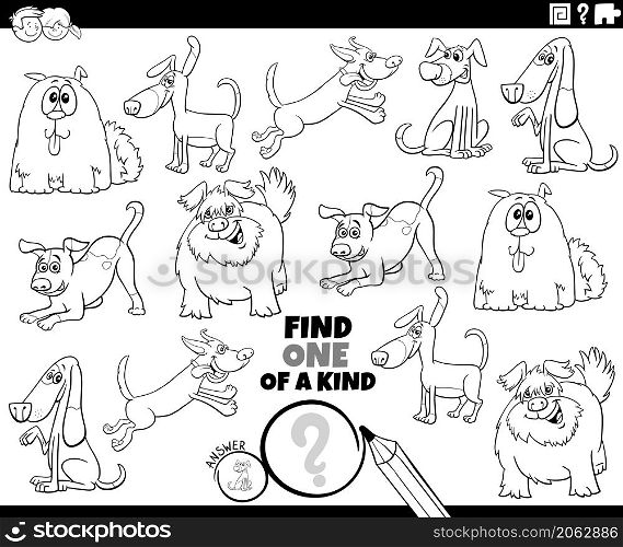 Black and white cartoon illustration of find one of a kind picture educational task with funny dogs comic characters coloring book page