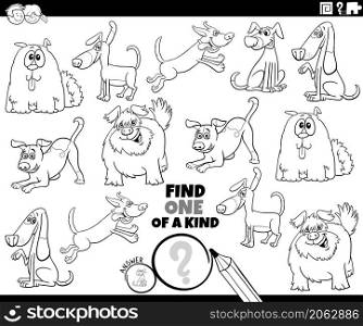 Black and white cartoon illustration of find one of a kind picture educational task with funny dogs comic characters coloring book page