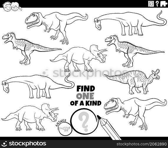 Black and white cartoon illustration of find one of a kind picture educational task with dinosaurs prehistoric animal characters coloring book page